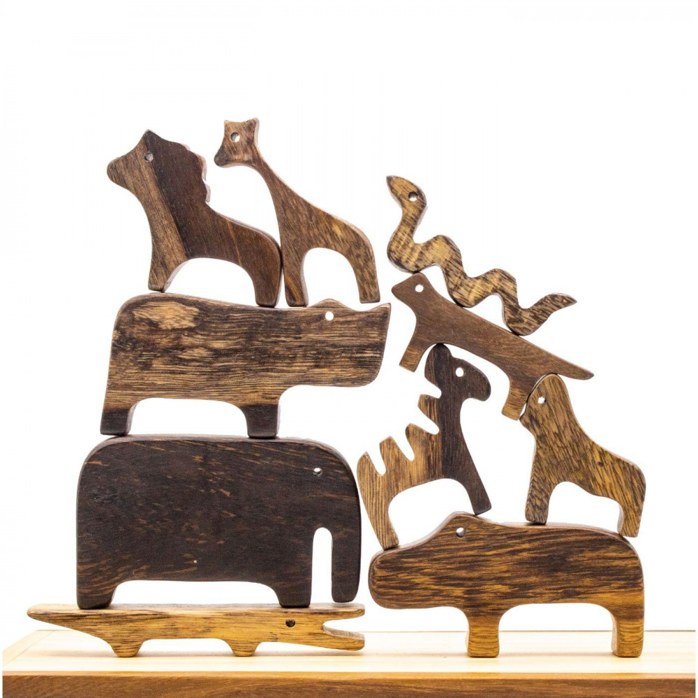 bộ thú gỗ cân bằng, đồ chơi gỗ xếp hình cho bé, hộp gỗ , gồm 10 con thú, xếp chồng lên nhau