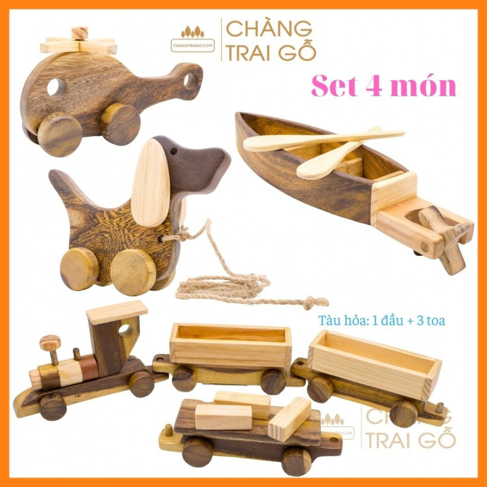 Set 4 món, Tàu hỏa, chó gỗ lắc tai, thuyền gỗ, máy bay